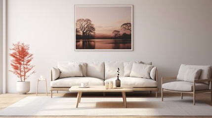 White sofa and black coffee table against white wall with art poster. Scandinavian boho home interior design of modern living room