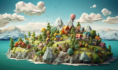 fantasy island with mountains. 3d illustration of island with beautiful land scape.