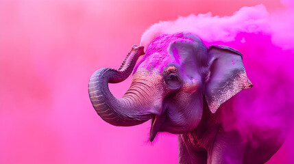 Elephant with pink Holi color in a mist.