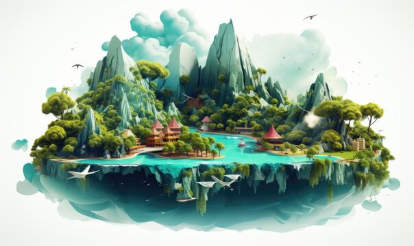 fantasy island with mountains. 3d illustration of island with beautiful land scape.