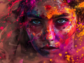 Woman's face covered in vibrant Holi colors.