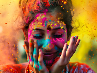 Close-up of a smiling face covered in Holi colors.