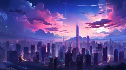 Cityscape panorama with skyscrapers at sunset. 3d rendering