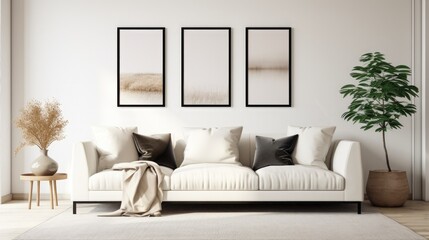 White sofa and black coffee table against white wall with art poster. Scandinavian boho home...