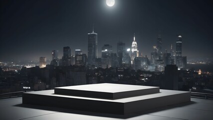 the podium, against the background of the night city. product platform, demo studio