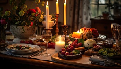 Table With Plates of Food and Candles