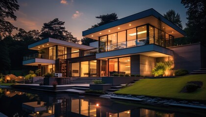 Modern House With Pond in Front