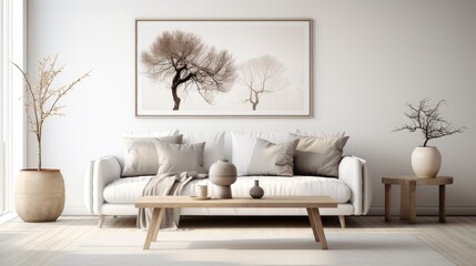 White sofa and black coffee table against white wall with art poster. Scandinavian boho home interior design of modern living room