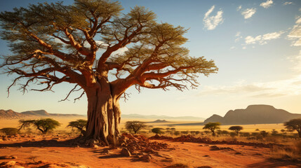 Close-up of a baobab tree against a desert background. Scorching heat, sunshine. Desert landscape....
