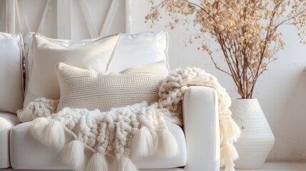 White sofa with fringed pillows and knitted blanket. Boho home interior design of modern living room
