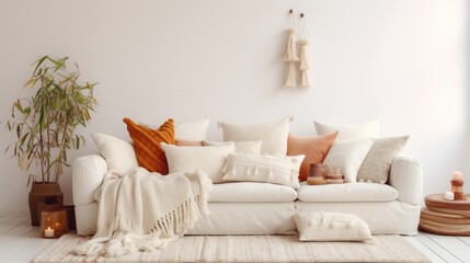 White sofa with fringed pillows and knitted blanket. Boho home interior design of modern living room