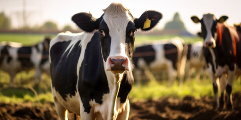 Obraz na płótnie Canvas Holstein cow in green meadow, curious heifer in sunny pastoral scene