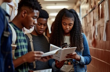 Obraz premium Academic collaboration as black high school classmates, with concentrated expressions, go through lecture notes together in a hallway, creating a conducive study environment