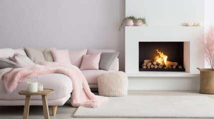 White sofa with pink pillows and fur and woolen blankets near fireplace. Scandinavian hygge home interior design of modern living room