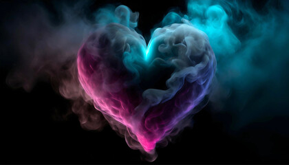 Heart shaped smoke. Cyber neon colors, futuristic smoke and fog heart on dark background