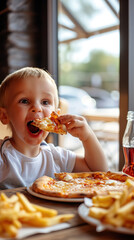 young smiling child boy enjoying cheesy slice pizza in pizzeria, with a plate of fries, joy of...