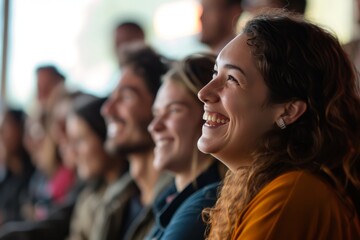 Obraz premium Close-up picture showcases the happiness and laughter of staff or participants during a startup business presentation