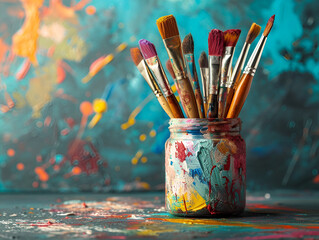 Paint Brushes jar. Brushes in paint in a jar on the table. creative atmosphere, artistic material - Powered by Adobe