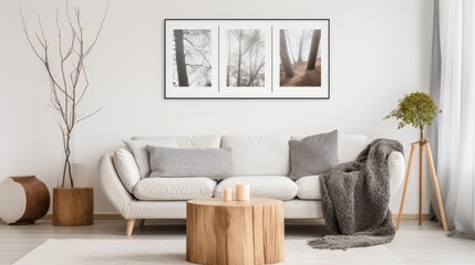Wood stump coffee table near grey sofa against white wall with poster frame. Scandinavian, nordic home interior design of modern living room
