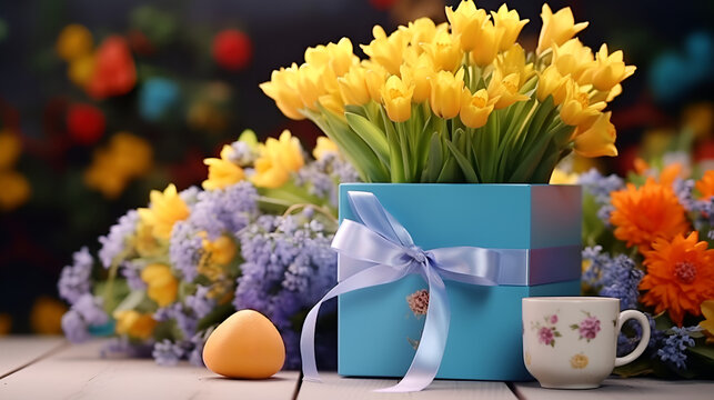 Happy Womens Day, 8 March Gift. Woman Found Greeting Card With Pot Of Blooming Spring Yellow Blue Flowers At Home. Tulips, Hyacinths, Muscari As Present For Holiday