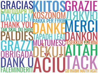 Colorful large background wallpaper with word Thank you translated in European languages on a white background