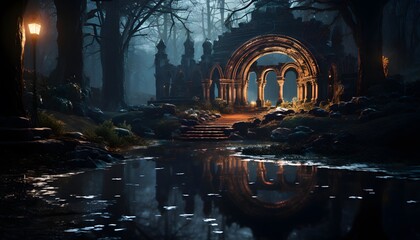 Night scene of an ancient bridge in the forest. 3d rendering