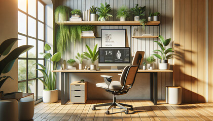 wallpaper of a modern home office promoting a healthy lifestyle, with sleek desk, ergonomic furniture, and indoor plants. Mood: productive, wellness-oriented. 