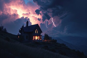 Fototapeta premium Stormy night with a hilltop house, lightning in the clouds.