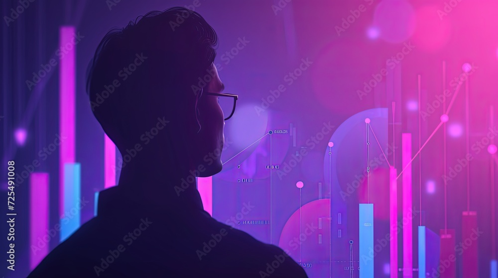 Poster silhouette of a focused data analyst with glasses examining intricate metrics on a virtual holograph