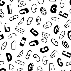 Black and white seamless pattern with the letter G in various styles, hand lettering.