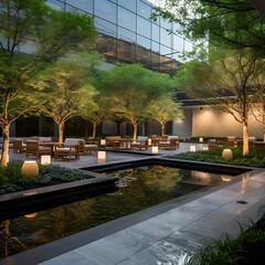 Modern office building with reflection in the water. Blurred background.