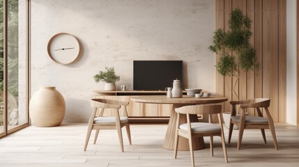 Beige chairs at rustic round wood dining table. Japandi minimalist style home interior design of modern living room - obrazy, fototapety, plakaty