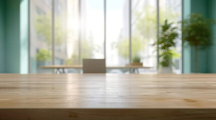 empty wooden table with blurred office  background, for display or montage your products. - obrazy, fototapety, plakaty