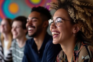 Close-up picture showcases the happiness and laughter of staff or participants during a startup business presentation