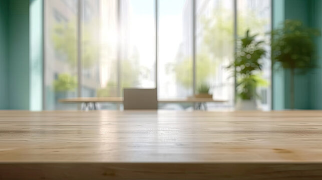 empty wooden table with blurred office  background, for display or montage your products.