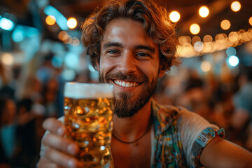 AI generated illustration of a bearded man enjoying a beer at a lively bar - obrazy, fototapety, plakaty