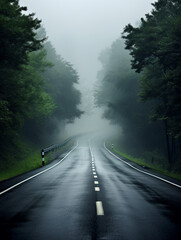 Empty winding evening road leading through a mist-covered forest under a brooding cloudy sky, evoking mystery and tranquility.