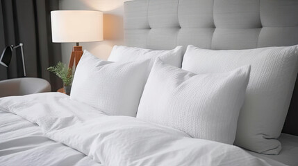 Minimalist elegance, White pillows on a pristine white bed, a serene bedroom composition, modern bedroom interior
