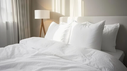 Minimalist elegance, White pillows on a pristine white bed, a serene bedroom composition, modern bedroom interior
