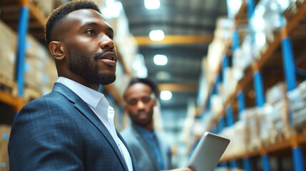Close up diverse black african american male workers manager in light warehouse distribution logistic centre holding tablet - Powered by Adobe