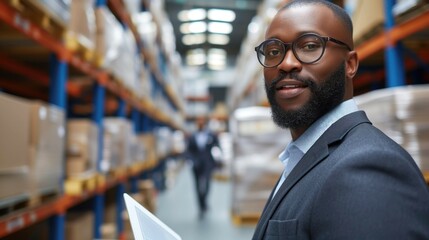Close up diverse black african american male manager wearing eyeglasess in light warehouse distribution logistic centre holding tablet