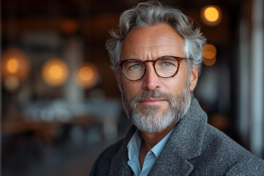 AI generated illustration of a stylish man with spectacles and an elegant coat glances sideways