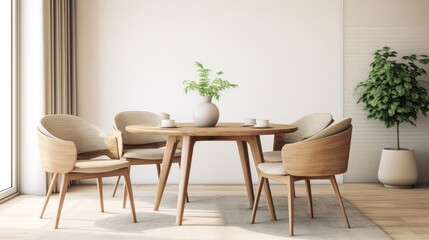 Fototapeta na wymiar Beige chairs at rustic round wood dining table. Japandi minimalist style home interior design of modern living room