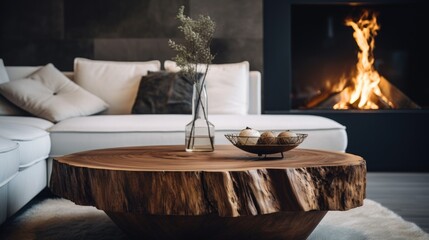 Close up of organic wood home decor on live edge coffee table near white sofa and fireplace. Minimalist home interior design of modern living room