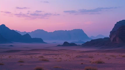 Foto op Canvas Beautiful purple mountainous desert foggy landscape at sunrise dawn © NickArt