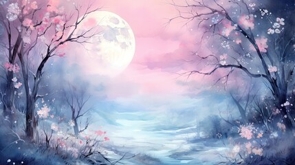 Fototapeta premium Illustration of a Moonlight on a grunge background with snow and floral edges