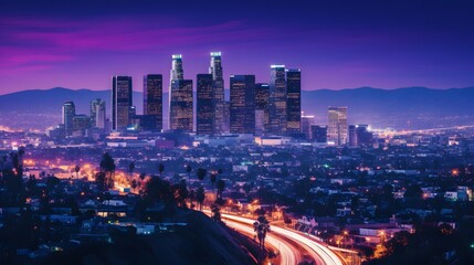 Panoramic view of downtown Los Angeles at night, California, USA