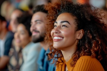 Obraz premium close-up view capturing the laughter and delight of individuals as they listen to a startup business pitch