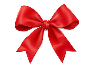 Naklejka premium Beautiful red satin gift bow isolated on white transparent background, png. Bow hair with tails in beautiful red color made out of cotton fabric 