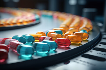 An array of blue and capsule pills is shown on a conveyor belt, depicting the mass production process in a pharmaceutical plant. - obrazy, fototapety, plakaty